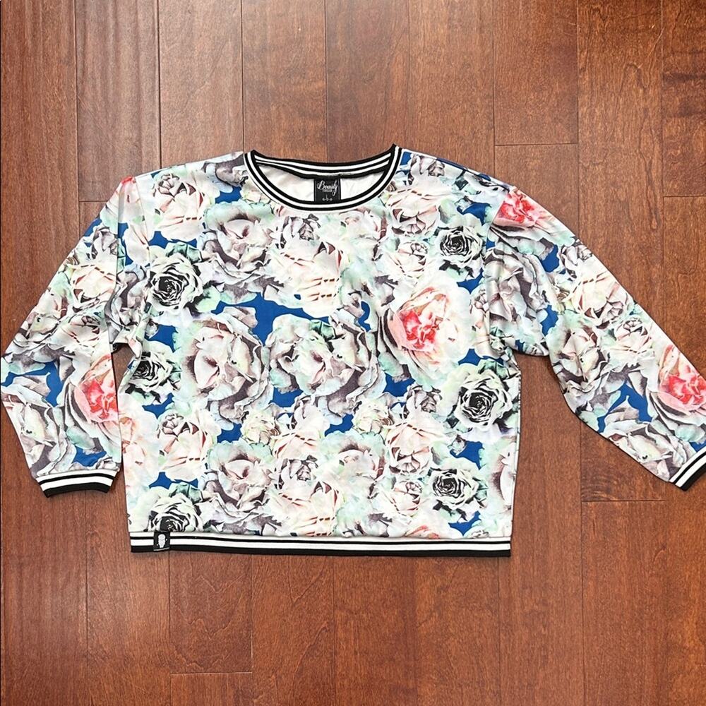 Beauty Forever Striped Collar Floral Top, Size Large, NWOT